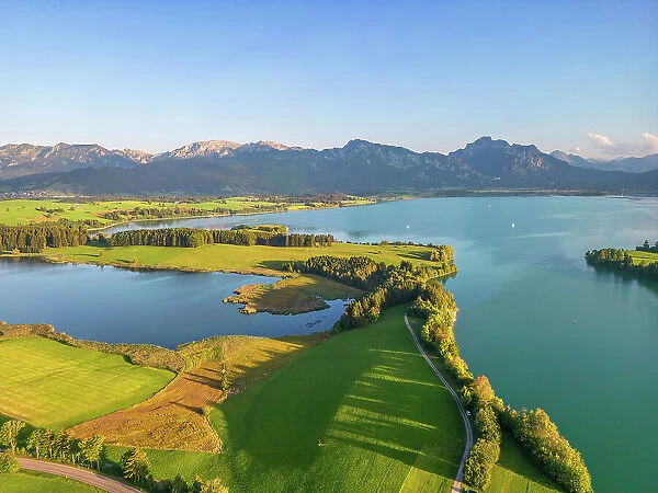 Aerail view at the Forggensee in the evening light, Allgau, Bavaria, Germany