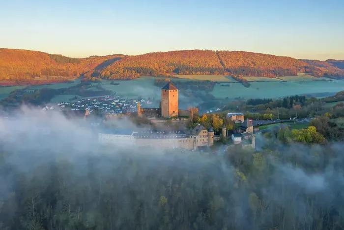 Framed Print : Aerail view at Lichtenberg castle in morning fog, Thallichtenberg, Rhineland-Palatinate, Germany Framed Print : Aerail view at Lichtenberg castle in morning fog, Thallichtenberg, Rhineland-Palatinate, Germany
