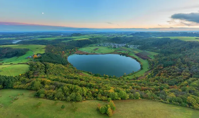 Framed Print : Aerail view at Meerfelder Maar at sunset, Eifel, Rhineland-Palatinate, Germany Framed Print : Aerail view at Meerfelder Maar at sunset, Eifel, Rhineland-Palatinate, Germany