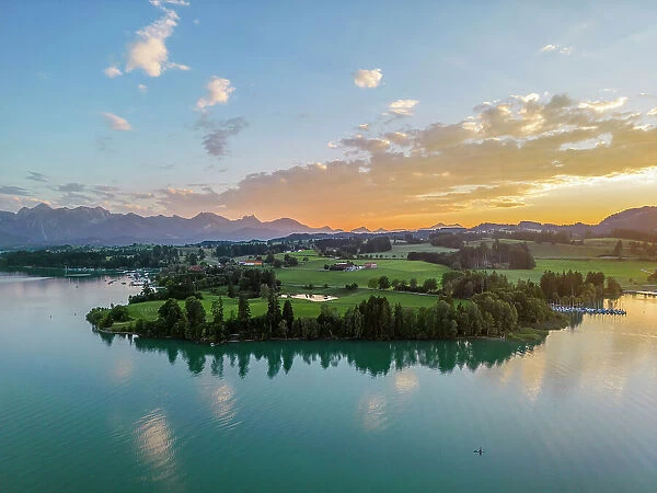 Aerail view at the sunset at Forggensee, Bavaria, Germany