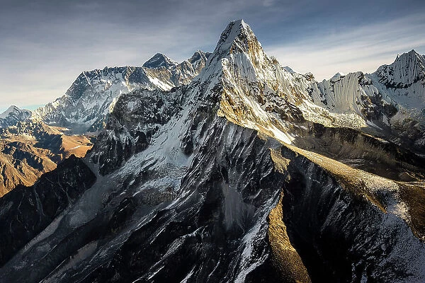Aerial of Ama Dablam (6, 812m) with Mount Everest in background, Solukhumbu, Nepal