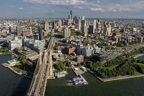 Aerial of Brooklyn Bridge & Brooklyn, New York, United States of America