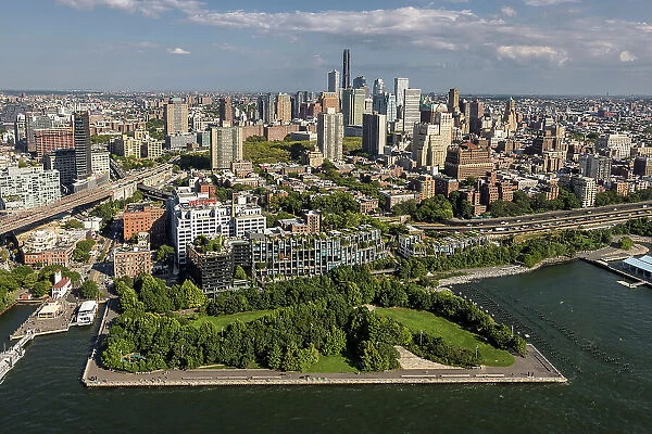 Aerial of Brooklyn Bridge Park & Brooklyn, New York, United States of America