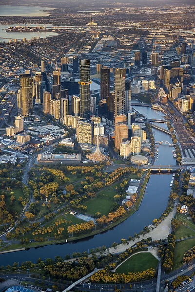 Aerial of central business district, Yarra River and Alexandra Gardens, Melbourne