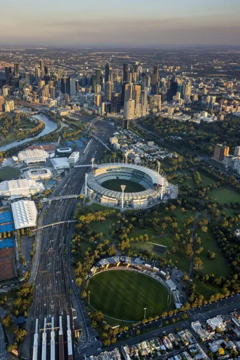 Framed Print : Aerial of central business district, Melbourne Cricket Ground, Melbourne, Victoria Framed Print : Aerial of central business district, Melbourne Cricket Ground, Melbourne, Victoria