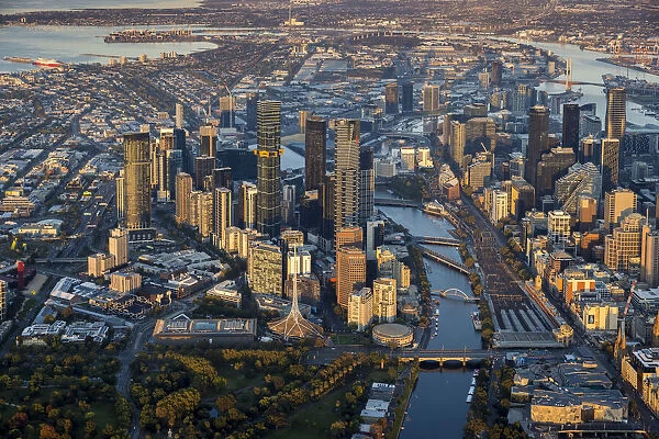 Aerial of central business district and Yarra River, Melbourne, Victoria, Australia
