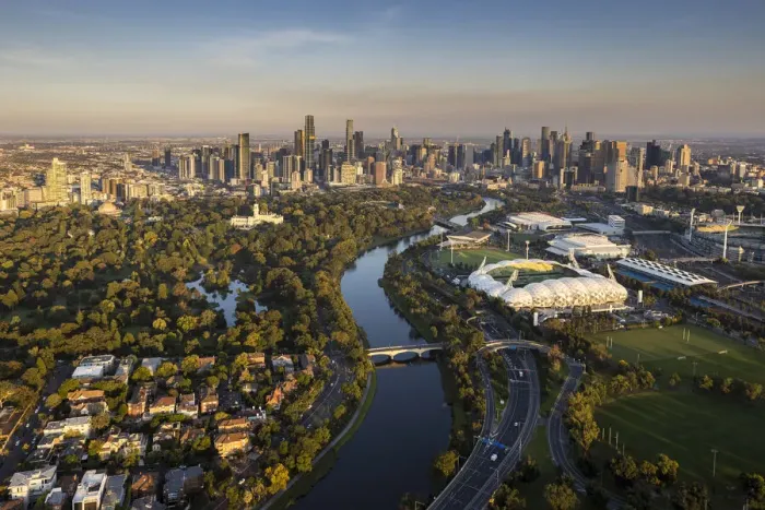 Framed Print : Aerial of the city, Yarra River, Royal Botanic Gardens and aMI Park stadium, Melbourne Framed Print : Aerial of the city, Yarra River, Royal Botanic Gardens and aMI Park stadium, Melbourne