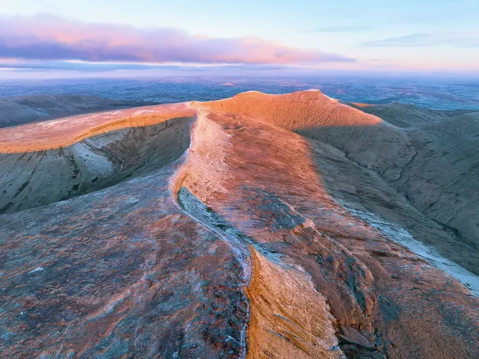 Framed Print : Aerial of Corn Du, Pen-y-Fan and Cribyn mountain peaks, Brecon Beacons National Park, Wales, United Kingdom