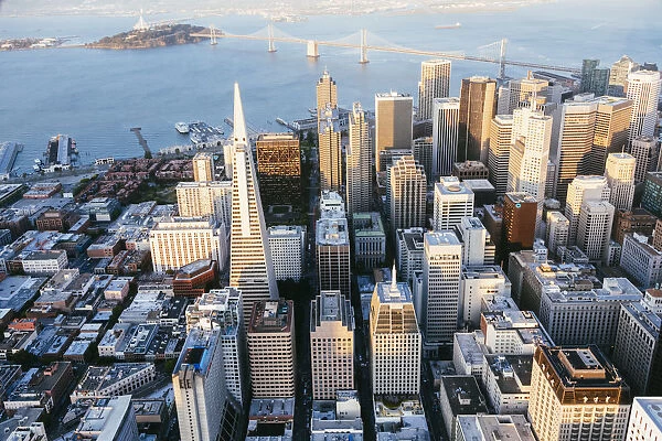 Aerial of downtown district at sunset, San Francisco, California, USA