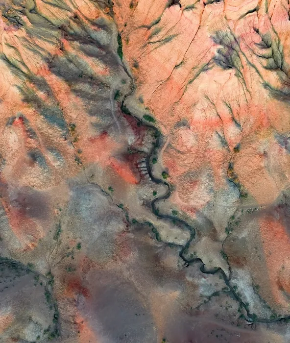 Framed Print : Aerial (drone) view of colourful geology, Tsagaan Suvarga Canyon, Gobi Region, Mongolia, Asia
