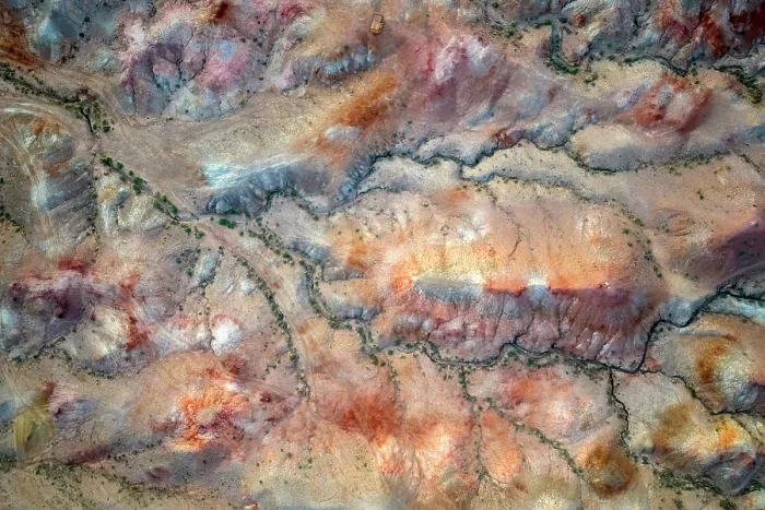 Framed Print : Aerial (drone) view of colourful geology, Tsagaan Suvarga Canyon, Gobi Region, Mongolia, Asia Framed Print : Aerial (drone) view of colourful geology, Tsagaan Suvarga Canyon, Gobi Region, Mongolia, Asia