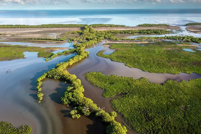 Framed Print : Aerial of floodplain meeting the ocean, Bamurru Plains, Northern Territory, Australia