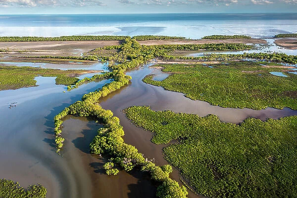 Aerial of floodplain meeting the ocean, Bamurru Plains, Northern Territory, Australia