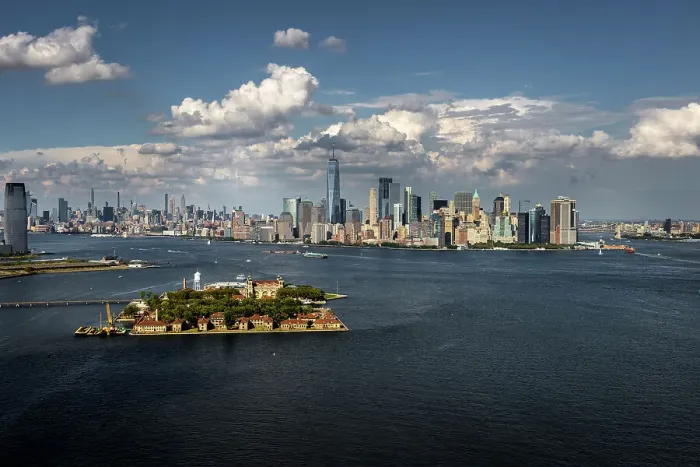 Framed Print : Aerial of Governors Island in the Hudson River & Manhattan skyline, New York, United States of America Framed Print : Aerial of Governors Island in the Hudson River & Manhattan skyline, New York, United States of America