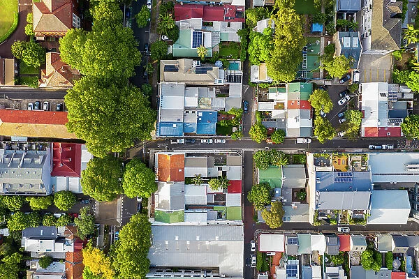 Aerial of houses in the Sydney suburb of Redfern, New South Wales, Australia