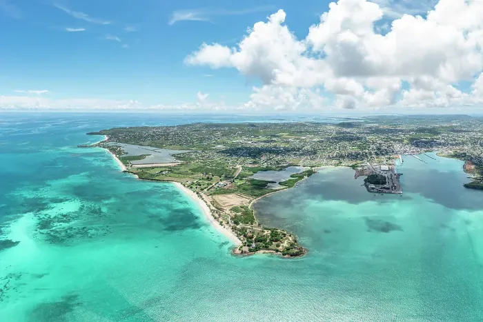 Framed Print : Aerial of idyllic beach and historic Fort James, St. John's, Antigua, Antigua & Barbuda, Caribbean