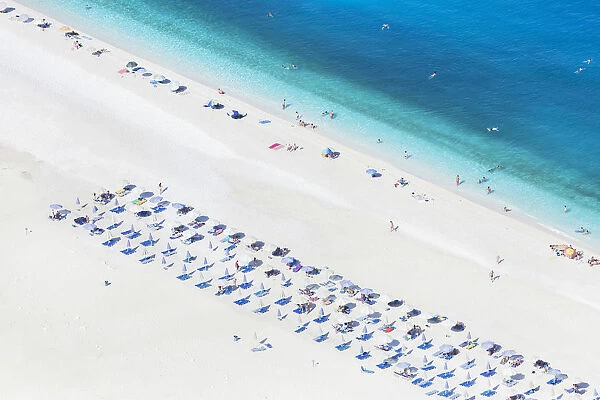 Aerial image of famous Myrtos beach from above. Kefalonia, Greek Islands, Greece