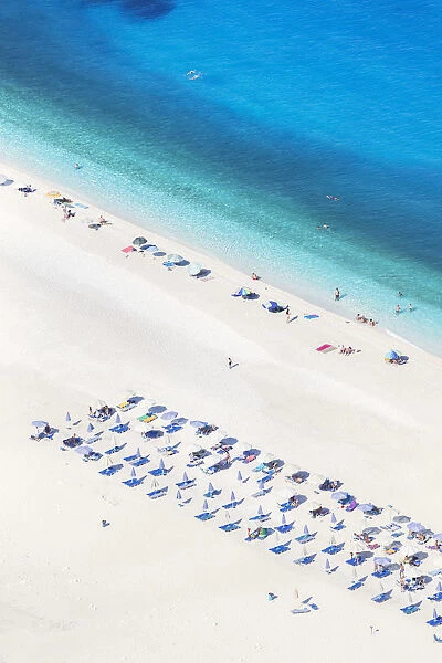 Aerial image of famous Myrtos beach from above. Kefalonia, Greek Islands, Greece