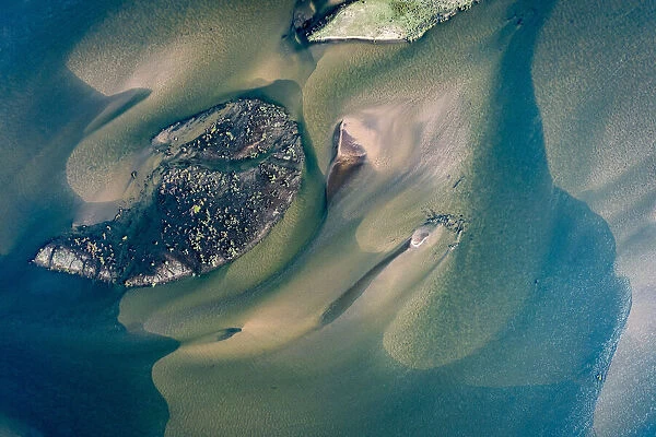 Aerial of low lying islands in the Zambezi River, Lower Zambezi National Park, Zambia