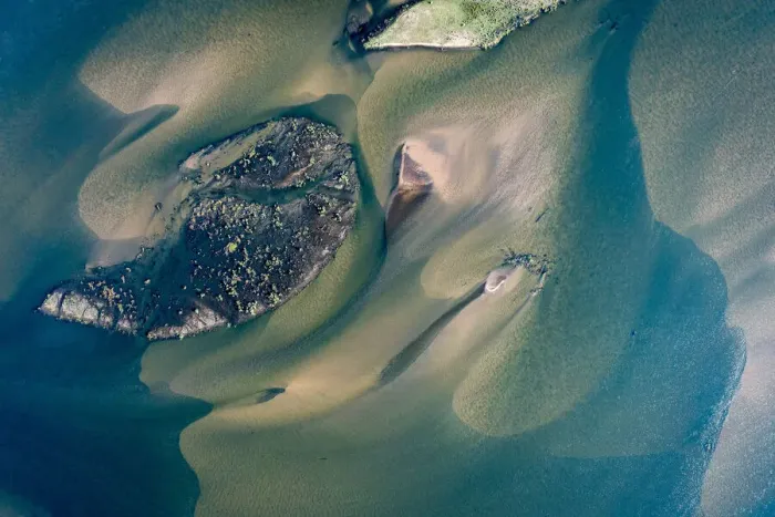 Framed Print : Aerial of low lying islands in the Zambezi River, Lower Zambezi National Park, Zambia