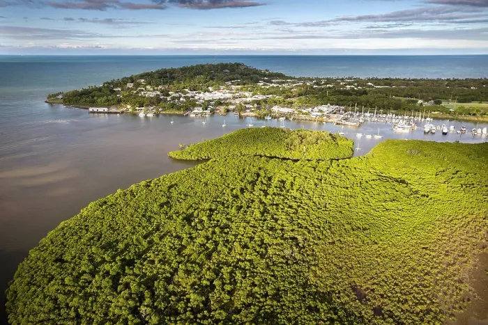 Framed Print : Aerial of mangroves, marina and village, Port Douglas, Queensland, Australia Framed Print : Aerial of mangroves, marina and village, Port Douglas, Queensland, Australia