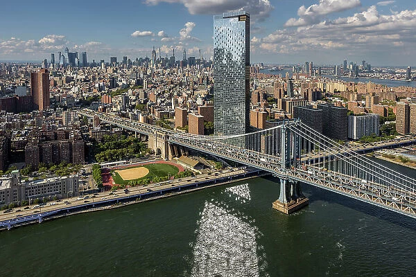 Aerial of Manhattan Bridge & One Manhattan Square building, New York, United States of America