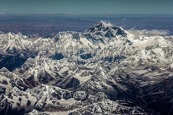 Aerial of Mount Everest & Himalaya range on Paro to Kathmandu flight, Nepal