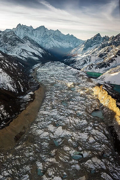 Aerial of Ngozumpa glacier and Gokyo Lakes, Gokyo, Solukhumbu, Nepal