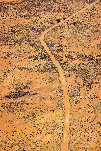 Aerial of outback dirt road, Menindee Lakes, New South Wales, Australia