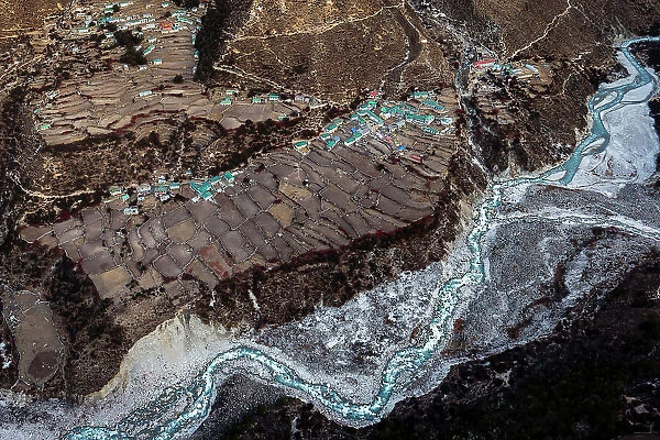 Aerial of Pangboche village and Imja Khole valley, Solukhumbu, Nepal