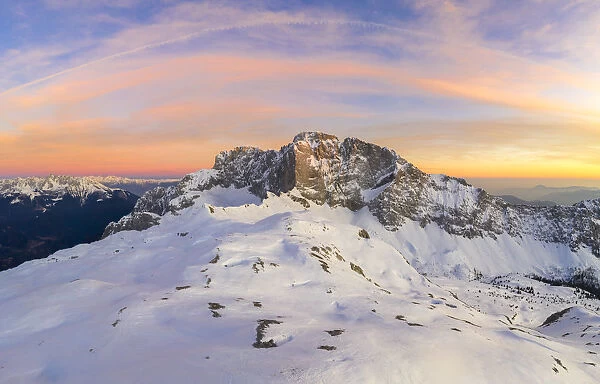 Aerial panorama of the snow-covered north face of the Presolana mountain in winter