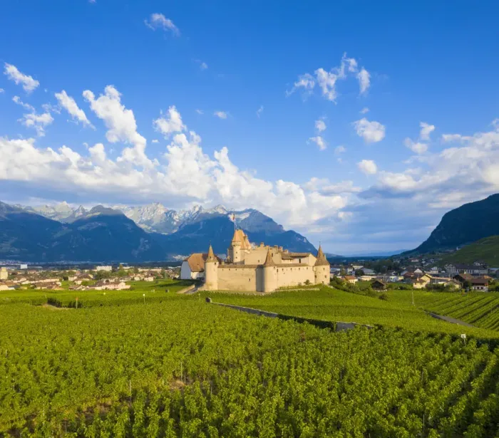 Framed Print : Aerial panoramic of Aigle Castle and village, canton of Vaud, Switzerland Framed Print : Aerial panoramic of Aigle Castle and village, canton of Vaud, Switzerland