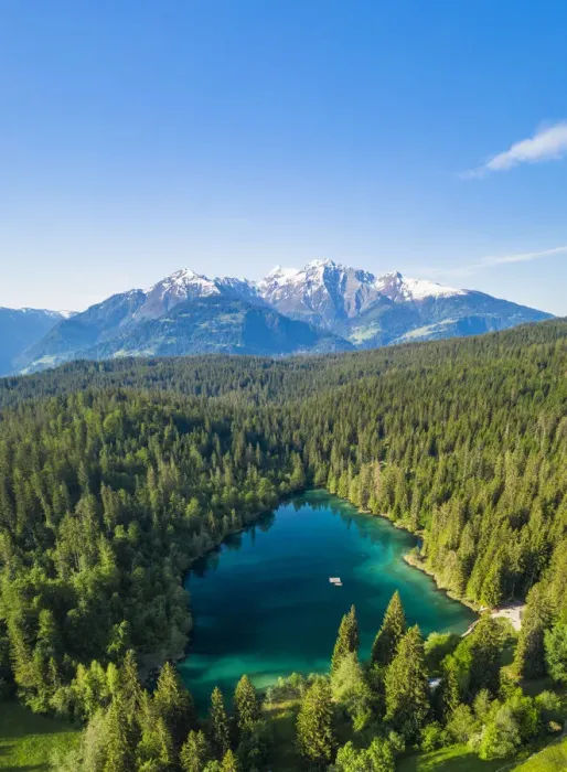 Framed Print : Aerial panoramic of Cresta lake (Crestasee) and woods, Flims, canton of Graubunden Framed Print : Aerial panoramic of Cresta lake (Crestasee) and woods, Flims, canton of Graubunden