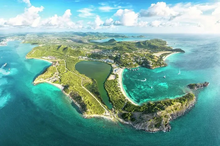 Framed Print : Aerial panoramic of Deep Bay, Galley Bay and St Johns town overlooking the Caribbean Sea, Antigua, Antigua & Barbuda Framed Print : Aerial panoramic of Deep Bay, Galley Bay and St Johns town overlooking the Caribbean Sea, Antigua, Antigua & Barbuda
