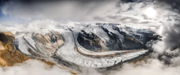 Framed Print : Aerial panoramic of Gorner Glacier (Gornergletscher) covered by clouds, Zermatt Framed Print : Aerial panoramic of Gorner Glacier (Gornergletscher) covered by clouds, Zermatt