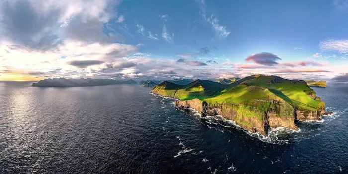 Framed Print : Aerial panoramic of Kalsoy island and cliffs along the fjords at dawn, Eysturoy island, Faroe Islands Framed Print : Aerial panoramic of Kalsoy island and cliffs along the fjords at dawn, Eysturoy island, Faroe Islands