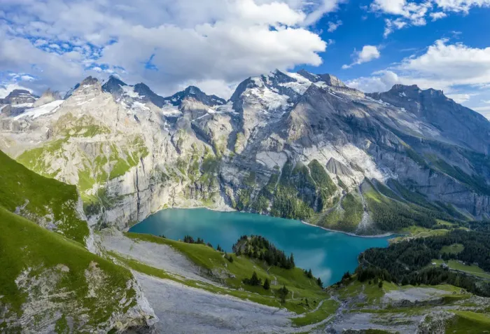 Framed Print : Aerial panoramic of Oeschinensee lake surrounded by woods in summer, Bernese Oberland Framed Print : Aerial panoramic of Oeschinensee lake surrounded by woods in summer, Bernese Oberland