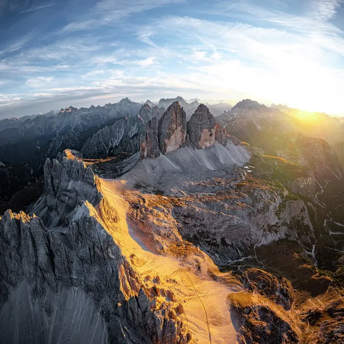 Framed Print : Aerial panoramic of Tre Cime Di Lavaredo, Monte Paterno (Paternkofel) and Cadini Di Misurina at sunset, Dolomites, Italy Framed Print : Aerial panoramic of Tre Cime Di Lavaredo, Monte Paterno (Paternkofel) and Cadini Di Misurina at sunset, Dolomites, Italy