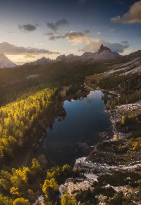 Framed Print : Aerial panoramic view of the Federa lake, one of the most incredible locations of the area to capture the larches typical autumn colors, with the Becco di Mezzodi mountain in the background. Dolomites, Italy Framed Print : Aerial panoramic view of the Federa lake, one of the most incredible locations of the area to capture the larches typical autumn colors, with the Becco di Mezzodi mountain in the background. Dolomites, Italy