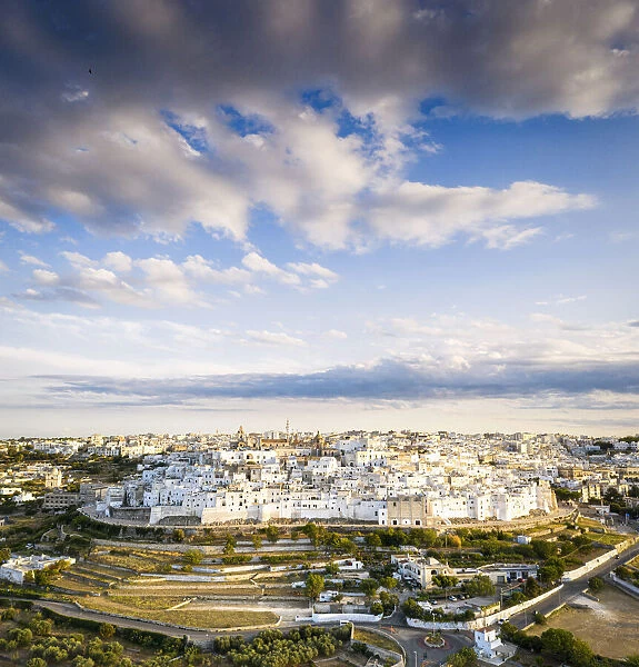Aerial panoramic of the white town of Ostuni at sunset, province of Brindisi, Salento