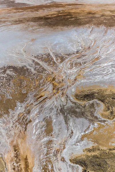 Aerial of patterns and textures on the salt crust of Kati Thanda-Lake Eyre