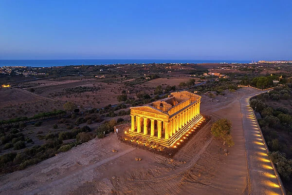 Aerial picture of the greek temple of Concordia, Akragas, Temples valley of Agrigento, UNESCO world heritage site, Agrigento, Sicily, Italy
