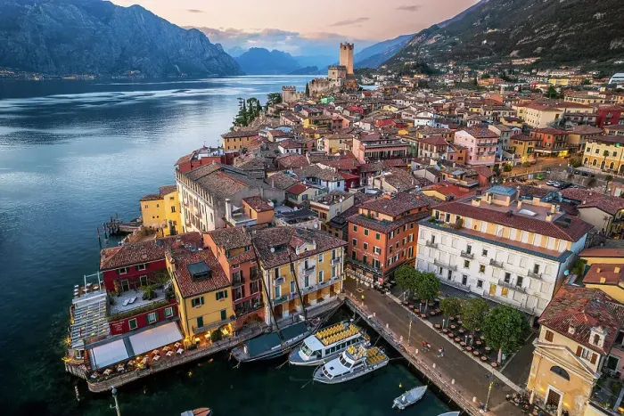 Framed Print : Aerial sunset view of Malcesine, Lake Garda, Veneto, Italy Framed Print : Aerial sunset view of Malcesine, Lake Garda, Veneto, Italy