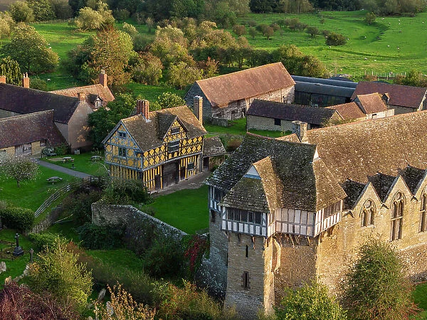 Aerial view of the 13th century Stokesay Castle, one of the best preserved fortified manor houses in England. Autumn (October) 2023