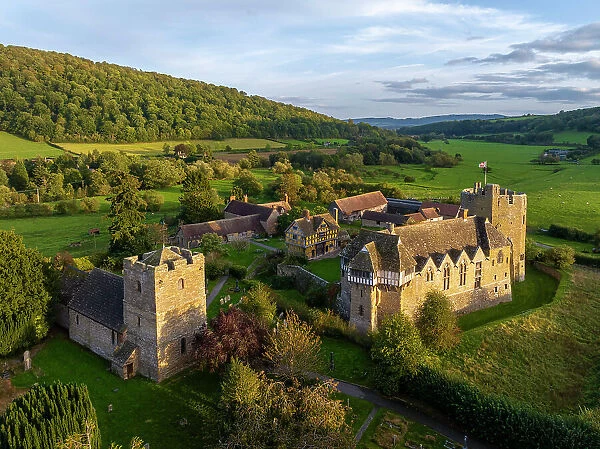Aerial view of the 13th century Stokesay Castle, one of the best preserved fortified manor houses in England. Autumn (October) 2023