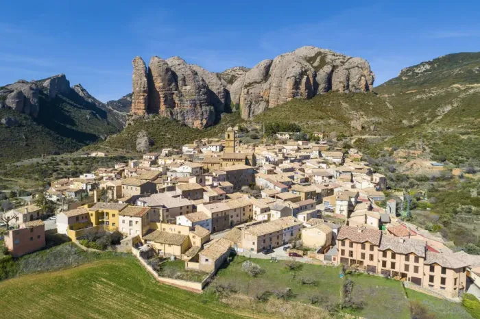 Framed Print : Aerial view of Aguero village. Aguero, Huesca, Aragon, Spain