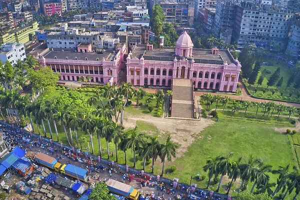 Aerial view of Ahsan Manzil, a famous and touristic landmark at Kumartoli along the banks