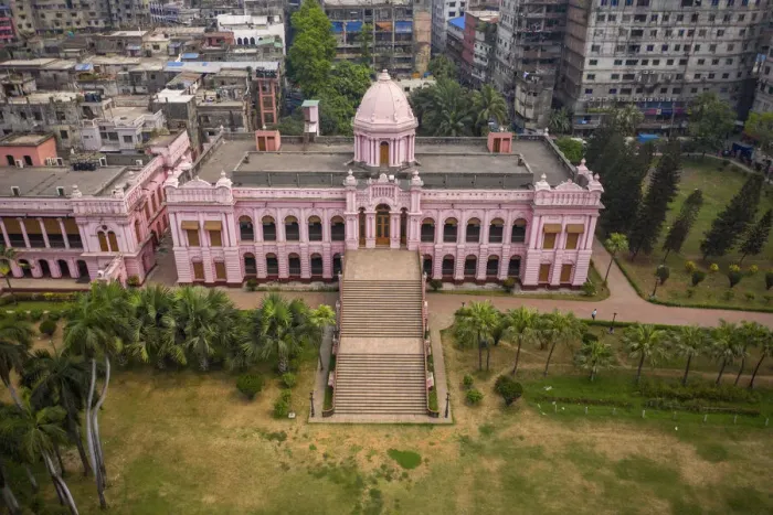 Framed Print : Aerial view of Ahsan Manzil, a famous and touristic landmark at Kumartoli along the banks Framed Print : Aerial view of Ahsan Manzil, a famous and touristic landmark at Kumartoli along the banks