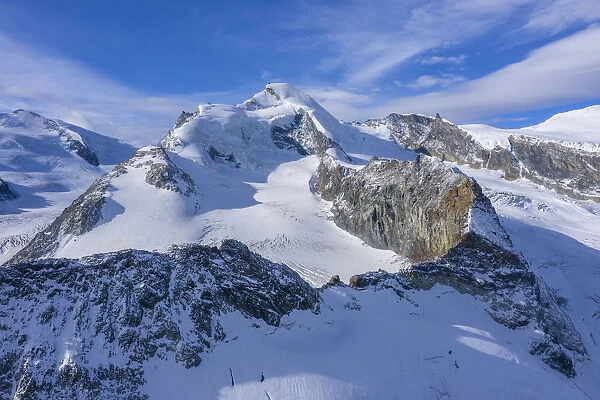 Aerial view on Allalinhorn and Strahlhorn, Mischabel mountain range, Ss Fee, Valais
