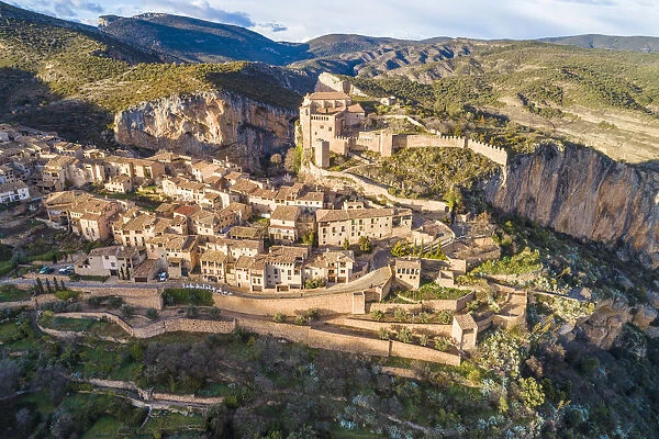 Aerial view of Alquezar village at sunset. Alquezar, Huesca, Aragon, Spain